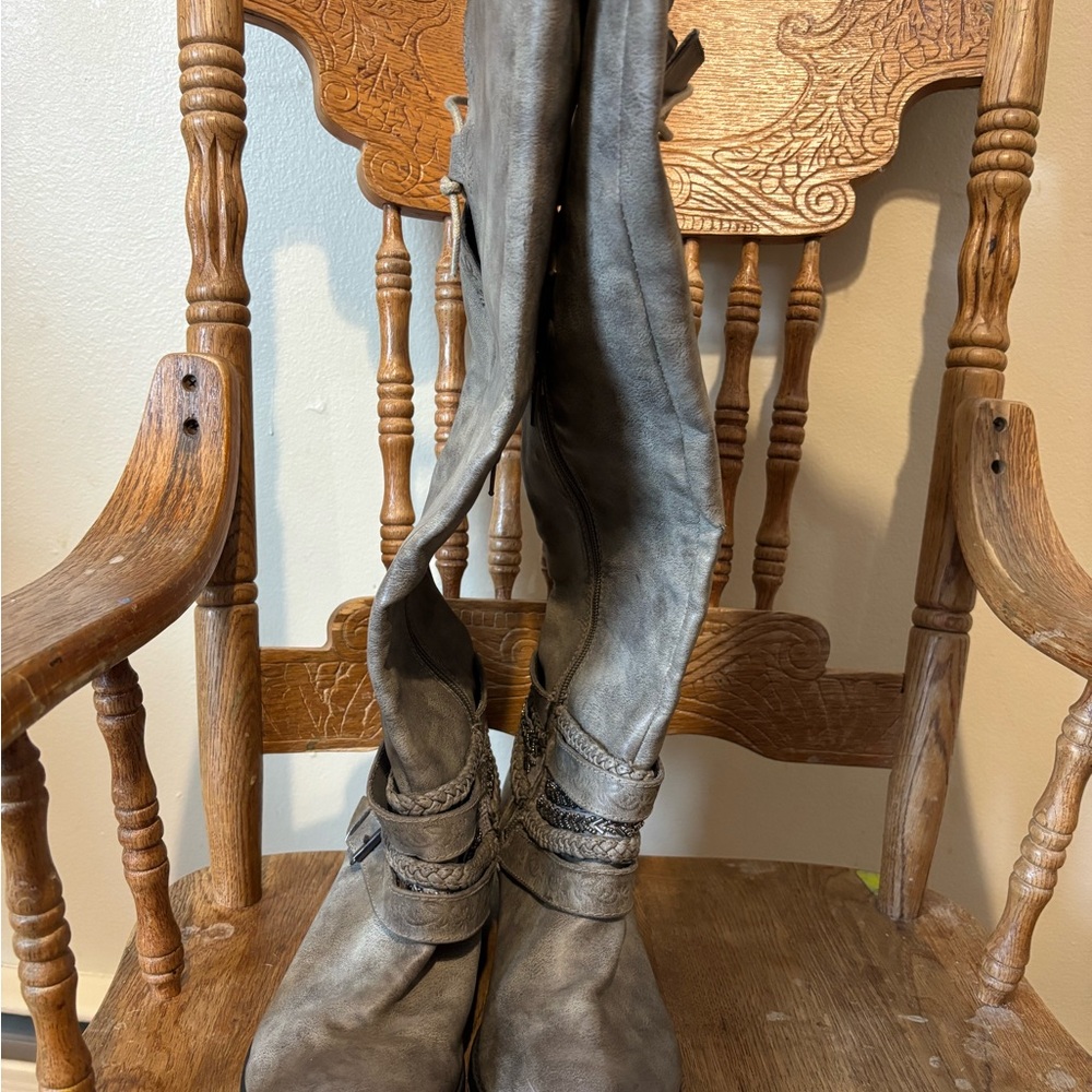 Gray Leather Knee-High Boots